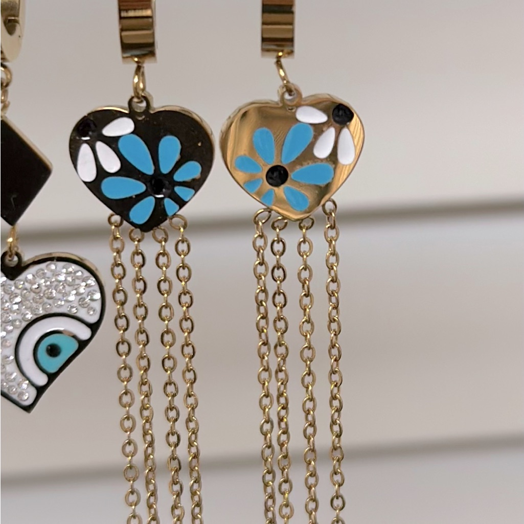 Stainless Steel Blue Enamel Style Gold Plated Dangling Earrings